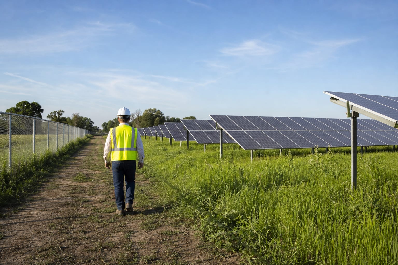 Site inspector walking the perimeter fence at a ground-mount solar farm